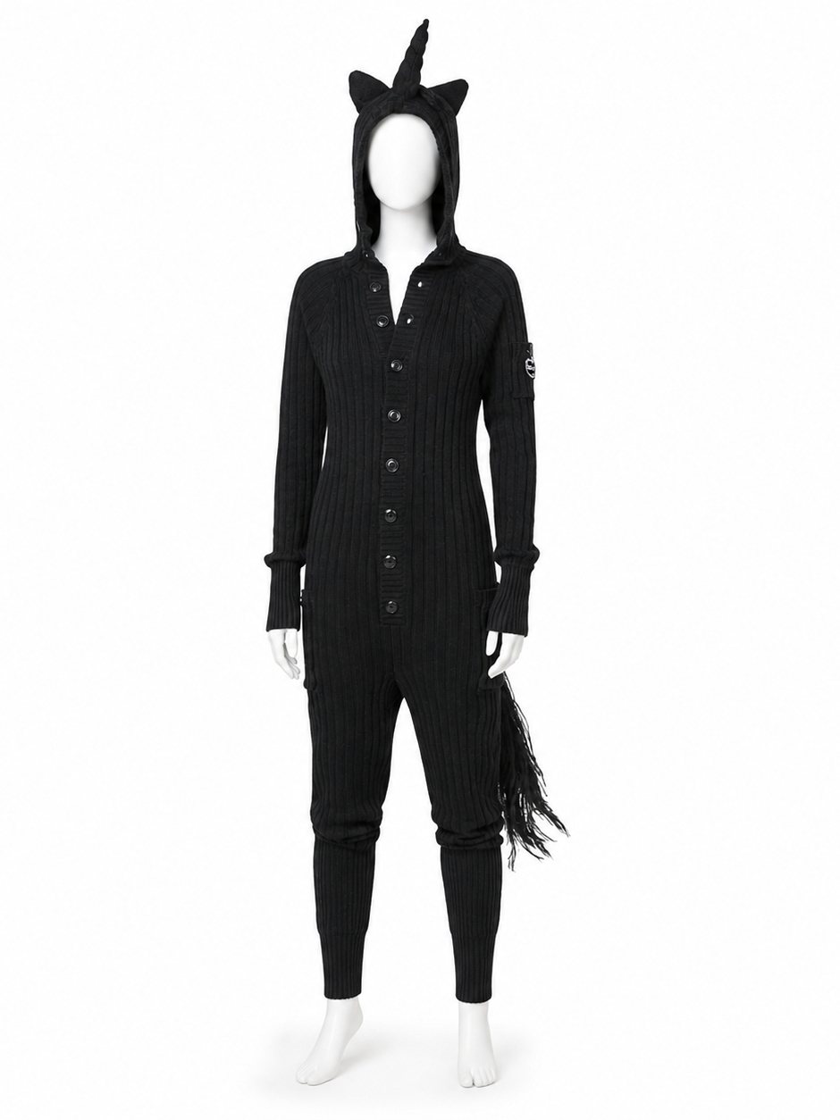 100% Cotton Blamo Black Ribbed Hooded Unicorn Jumpsuit